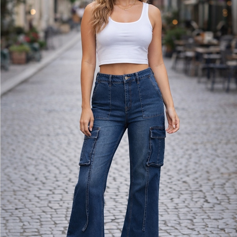 GENERATION Y Dark Blue Flare Cargo Jeans